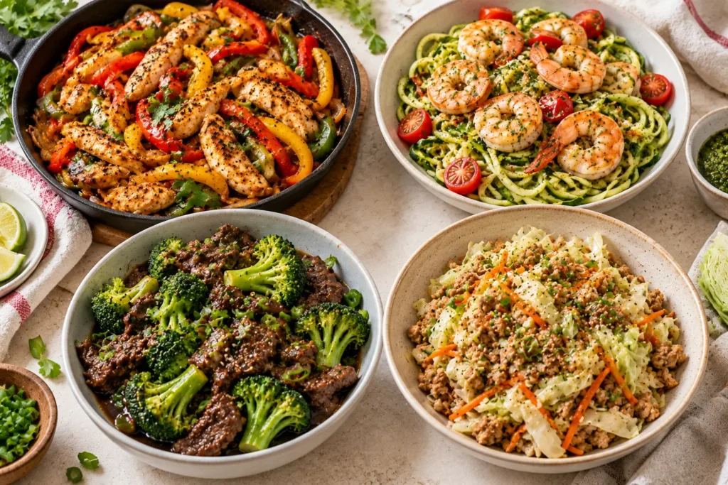 High protein low carb dinners including chicken fajitas, shrimp zucchini noodles, beef and broccoli, and turkey skillet