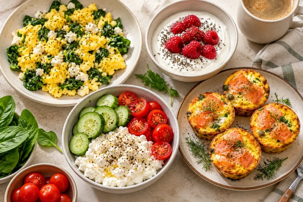 High protein low carb breakfast ideas with scrambled eggs, Greek yogurt, berries, and cottage cheese