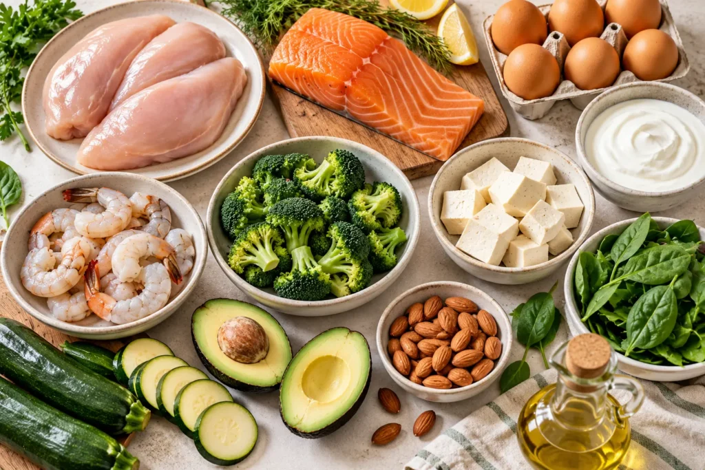High protein low carb foods including eggs, chicken, salmon, tofu, and non-starchy vegetables