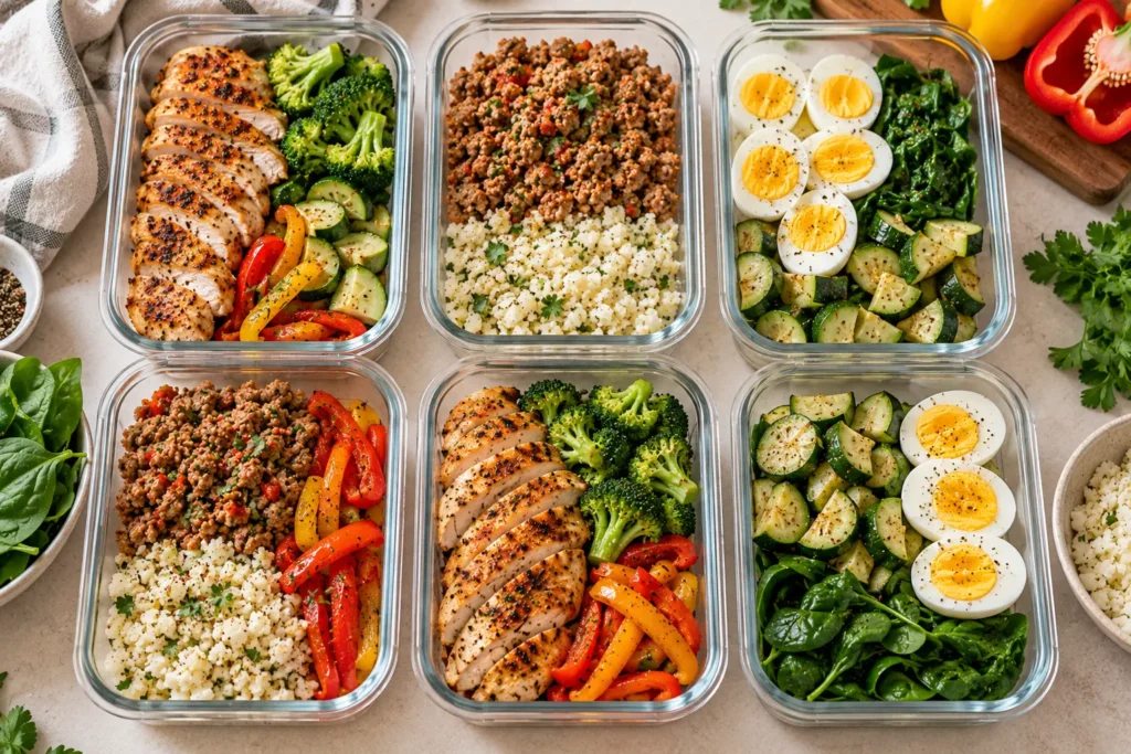Meal prep containers with cooked chicken, ground turkey, boiled eggs, and fresh vegetables