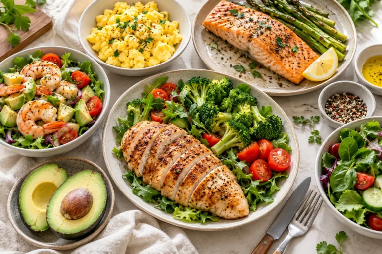 15 High Protein Low Carb Meals That Are Easy, Filling, and Weeknight-Friendly 15 high protein low carb meals featuring chicken, salmon, eggs, shrimp, and fresh vegetables