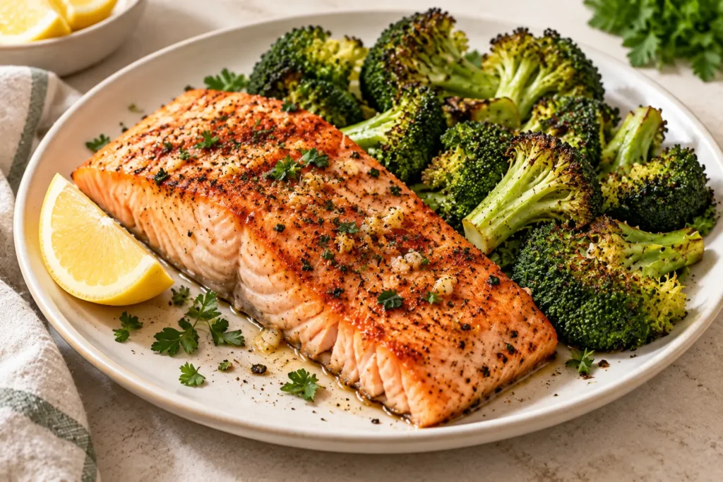 Baked lemon garlic salmon served with roasted broccoli