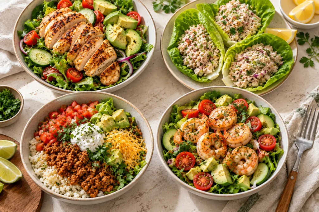 Low carb high protein lunches with grilled chicken salad, tuna lettuce wraps, turkey taco bowl, and shrimp salad