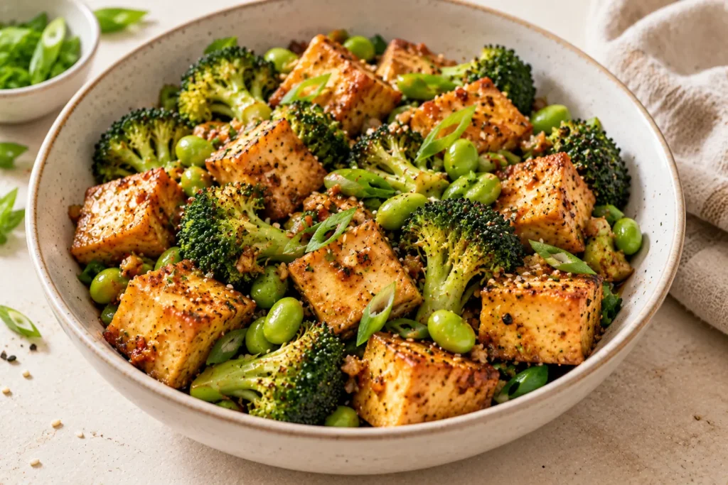 Crispy tofu and edamame skillet with broccoli and sesame seasoning